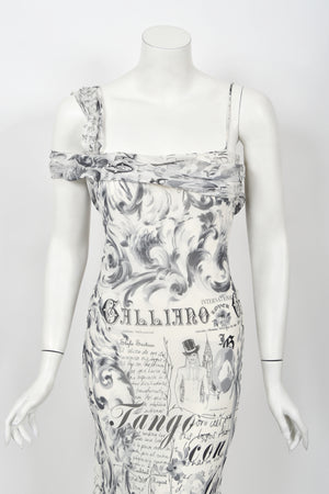 2006 John Galliano Documented Newspaper Print Silk Chiffon Bias-Cut Slip Dress
