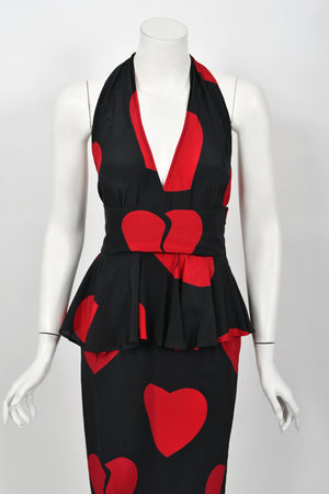 1994 Moschino Couture Documented 'Heartbreaker' Novelty Print Silk Convertible Dress