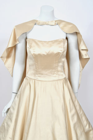 1950's Don Loper Couture Ivory Silk Satin Strapless Full-Skirted Dress w/ Detachable Cape