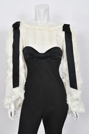 2009 Chanel by Karl Lagerfeld Editorial Runway Black & White Angel Sleeve Fitted Jumpsuit