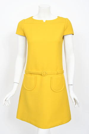 1968 André Courrèges Couture Yellow Wool Belted Space-Age Mod Dress