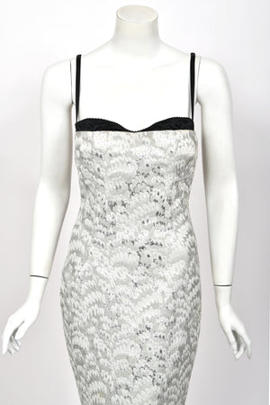 2003 Dolce & Gabbana Metallic Silver Brocade Built-In Bra Hourglass Corset Dress
