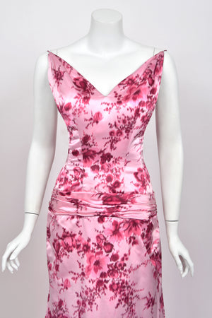 1955 Samuel Winston Vogue Documented Pink Floral Silk Satin Sculptural Trained Gown