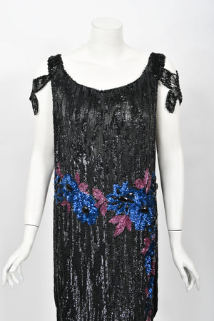1920's Beaded Sequin Sheer-Net Butterfly Motif Asymmetric Flapper Dress