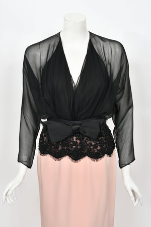 1986 Oscar de la Renta Documented Runway Black Sheer Chiffon & Pink Silk Gown