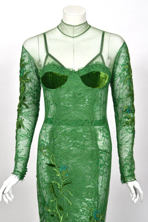 2011 Tom Ford Emerald Green Embroidered Sheer Tulle Lace Velvet-Bra Trained Editorial Gown
