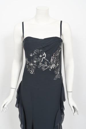 2006 Christian Dior by John Galliano Beaded Gunmetal Silk Bustier Dress
