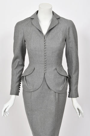 1998 John Galliano ‘Cabaret’ Collection Charcoal Gray Wool Dress & Peplum Jacket Suit