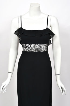 1994 Chanel by Karl Lagerfeld Cruise Collection Sheer Black Lace Ruffle-Trim Lingerie Gown