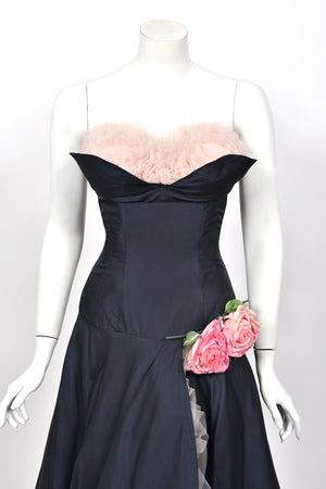 1950's Don Miguel of California Navy Silk & Blush Pink Tulle Ruffle Shelf-Bust Strapless Dress
