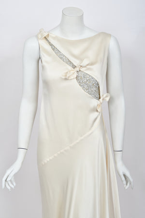 2002 Valentino Candlelight Silk Beaded Sequin Cut Out Ties Draped Bias-Cut Gown