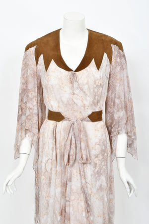1971 Giorgio Sant' Angelo Watercolor Chiffon & Suede Angel-Sleeve Wrap Dress