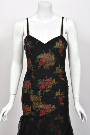 2010 Ralph Lauren Runway Metallic Floral Silk & Black Sheer Tulle Hourglass Mermaid Gown
