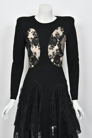 2010 Alexander McQueen Lifetime Black Crepe & Sheer Illusion Lace High-Low Gown