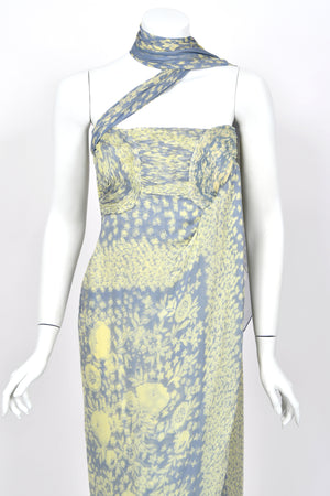1995 Valentino Runway Periwinkle & Yellow Floral Print Silk Ruched Strapless Draped Gown