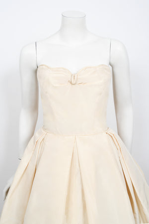1950's Rosalie Macrini Couture Cream Silk Strapless Bridal Wedding Gown