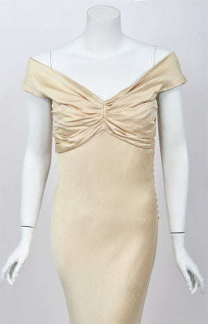 2007 John Galliano Champagne Silk Satin Off-Shoulder Bustier Bias-Cut Gown w/Tags