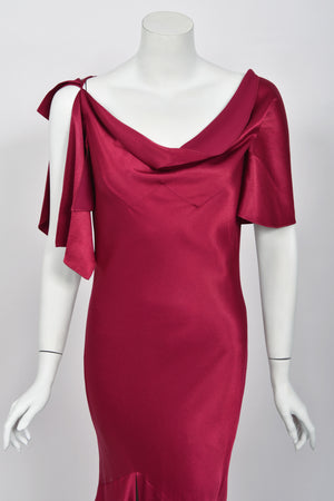 1999 John Galliano Maori Collection Wine Red Asymmetric High Slit Bias-Cut Gown