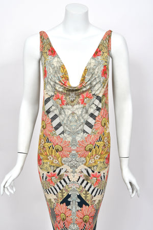 2011 Alexander McQueen 'Folklore Fin' Floral Stripe Print Draped Bias-Cut Gown w/ Shawl