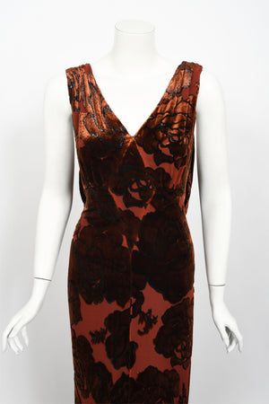 1999 Galindo Couture Metallic Amber Devoré Velvet Bias-Cut Trained Gown