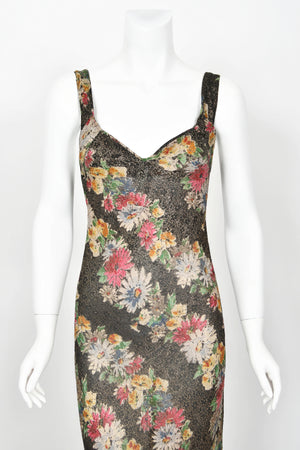 1930's Colorful Metallic Floral Motif Lamé Cut Out Back Hourglass Bias-Cut Gown