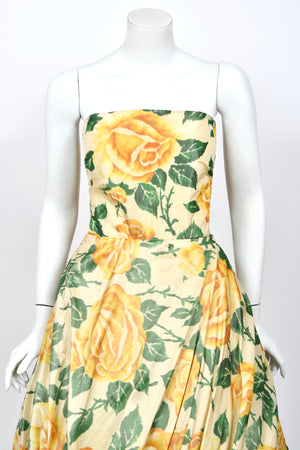 1950's Philip Hulitar Couture Yellow Roses Watercolor Silk Strapless Sculpted Party Dress