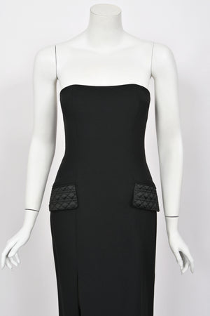 1997 Christian Dior by John Galliano Black Silk Crepe Strapless High-Slit Gown