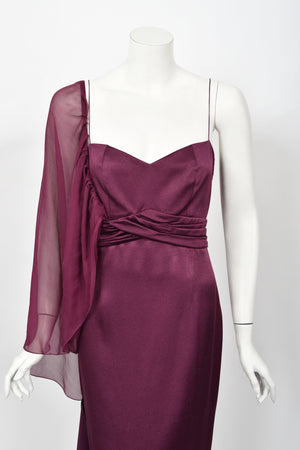 2000 Christian Dior by John Galliano Purple Silk Sheer-Sleeve Asymmetric Draped Gown