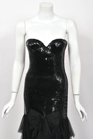 1978 Loris Azzaro Couture Black Sequin Strapless Tiered-Ruffle Gown & Sheer Capelet