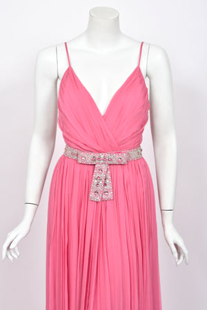 2008 Christian Dior by John Galliano Resort Pink Silk Low-Cut Jeweled Belt Pleated Gown