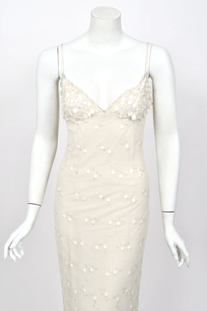 2004 Randi Rahm Couture Embroidered Metallic Ivory Lace Appliqué Trained Slip Gown