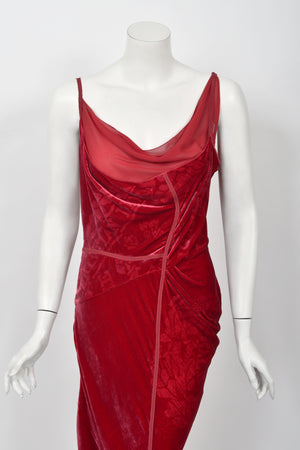 2006 Christian Dior by Galliano Ruby Red Velvet Asymmetric Draped Bias-Cut Gown