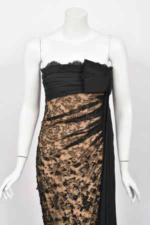 2009 Valentino Black Silk & Beaded Sheer Illusion Lace Strapless Bustier Gown
