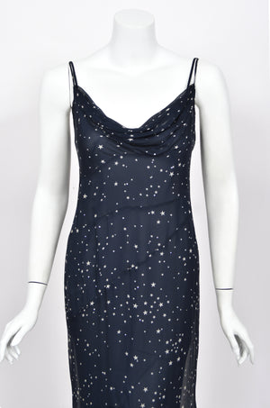 1998 Moschino Runway Navy Blue Sheer Silk Chiffon Star Motif Rhinestone Maxi Slip Dress