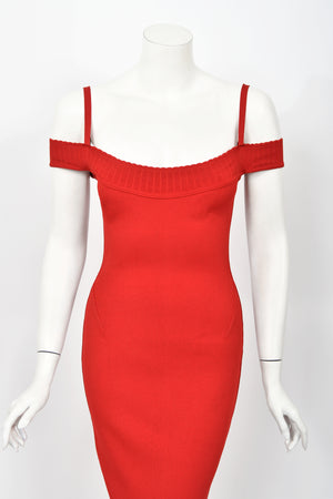 1992 Azzedine Alaia Documented Red Stretch Knit Cold-Shoulder Bodycon Maxi Dress