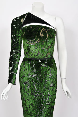 1990 Geoffrey Beene Couture 'Green Leaves' Sheer Devoré Velvet One-Sleeve Hourglass Gown