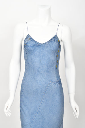 2000 Christian Dior by John Galliano Trompe L'oeil Denim Print Silk Bias-Cut Dress