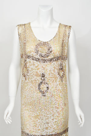 1920's Iridescent Ivory & Gold Beaded Sequin Sheer-Net Tabard Flapper Dress