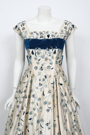 1956 Jacques Griffe Haute Couture Documented Embroidered Beaded Ivory Satin Gown