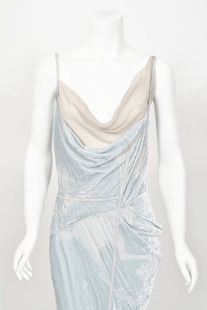 2006 Christian Dior by John Galliano Ice Blue Silk Velvet Asymmetric Draped Bias-Cut Gown