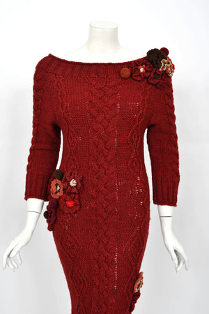 2005 Alexander McQueen Runway Burgundy Wool Knit Hourglass Sweater Dress