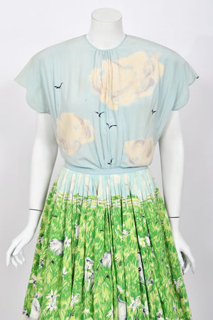 1942 Gilbert Adrian Iconic 'Gamboling Lambs' Scenic Print Scalloped Patio Dress