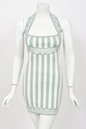 1992 Azzedine Alaia Runway Mint & Ivory Striped Stretch Knit Halter Bodycon Mini Dress