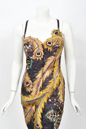 1970's Embroidered Peacock Motif Beaded Silk Couture Dance Dress