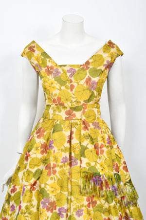 1950's Lanvin Castillo Haute Couture Watercolor Floral Silk Print Full-Skirt Gown