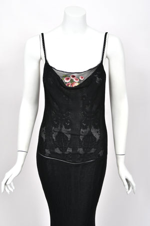 2003 John Galliano Embroidered Floral Sheer Black Pointelle Stretch Knit Bias-Cut Gown