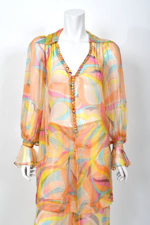 1967 Jean Muir Documented Psychedelic Op-Art Sheer Silk Tunic Mini Dress & Pants