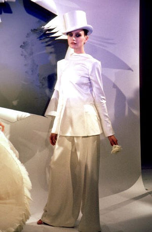1999 Christian Dior by John Galliano Ivory Logo-Print Silk Enamel Buttons Pantsuit