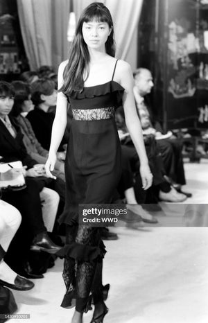 1994 Chanel by Karl Lagerfeld Cruise Collection Sheer Black Lace Ruffle-Trim Lingerie Gown