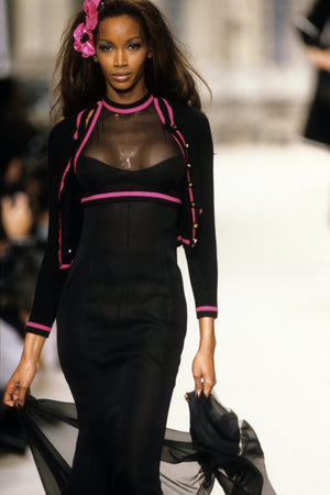 1994 Chanel by Karl Lagerfeld Black Sheer Silk Chiffon Pink Cashmere Trimmed Maxi Dress w/ Shawl